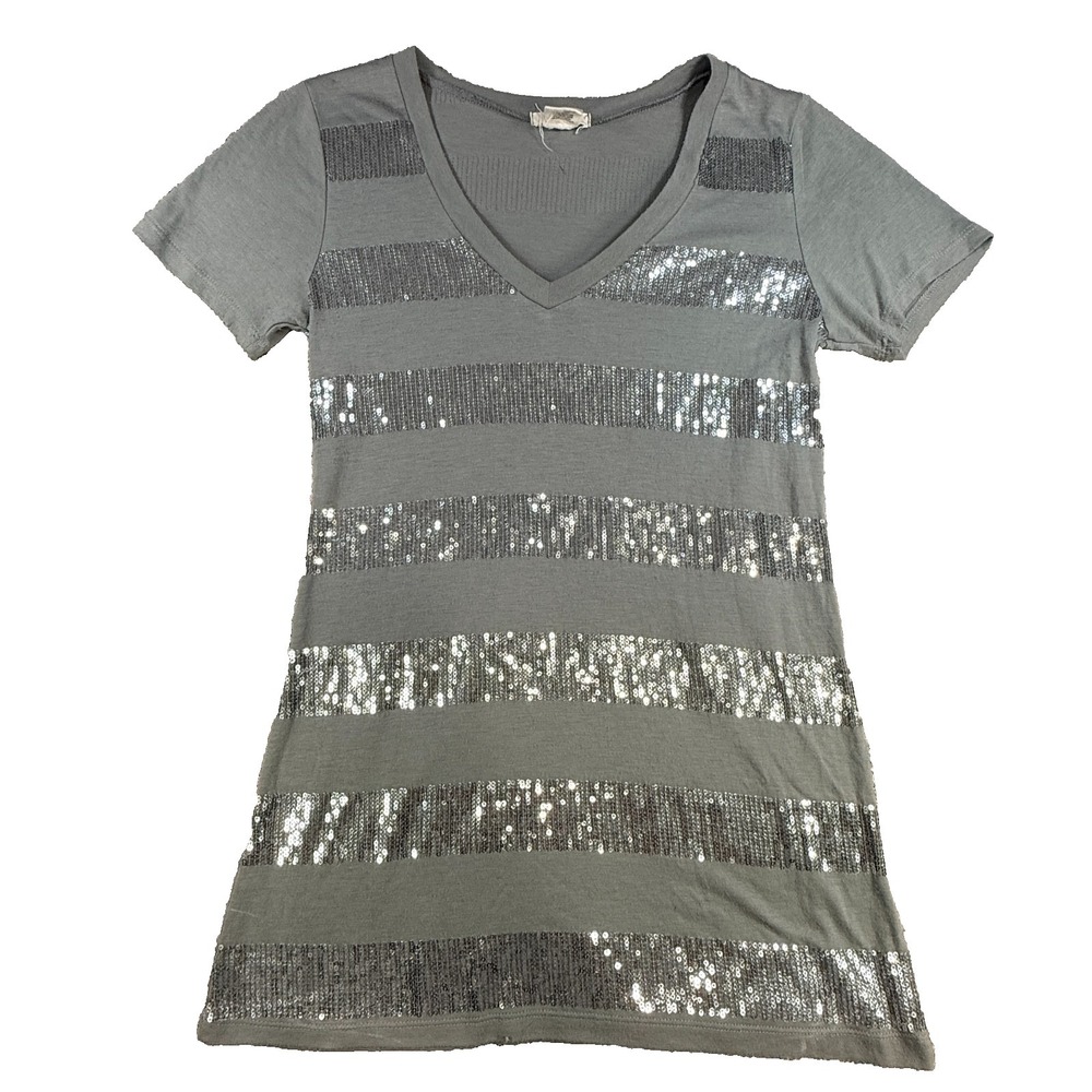 Love‎ Rocks Womens Large Gray Sequin Stripe V Neck Short Sleeve Tunic Top Blouse